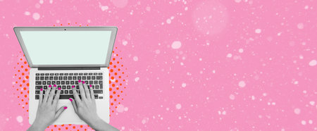Art collage, hands typing on a computer keyboard, laptop with copy space on pink background. Concept of working on a laptop.の写真素材