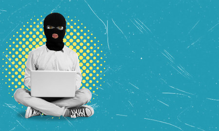 Art collage, masked man, crook, and thief with a laptop. The concept of cyber security or identity...