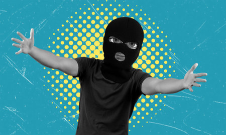 Art collage, man in balaclava wants to hug. The concept of fraud and crime.