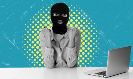 Art collage, masked man, crook, and thief with a laptop. The concept of cyber security or identity theft.の写真素材