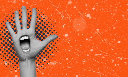 Contemporary art collage depicting palm and open mouth with copy space. News and advertising concept.の写真素材