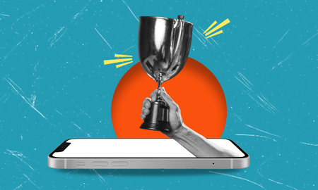 Creative template graphics image of a hand with a cup from phone. Award and winnings concept.の写真素材