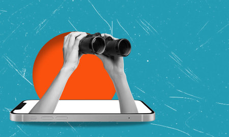 Planning and analytics, art collage. Hand with binoculars from a cell phone. The concept of observation and planning.の写真素材