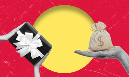 Art collage, money and gift in hand. The concept of buying an expensive gift. Contemporary art collage.の写真素材