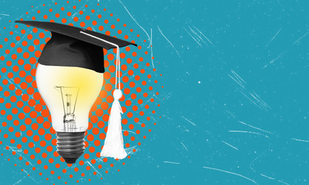 Modern art collage featuring a light bulb and graduation cap on a blue background with space for text. Concept of student, education and bright mind.の写真素材