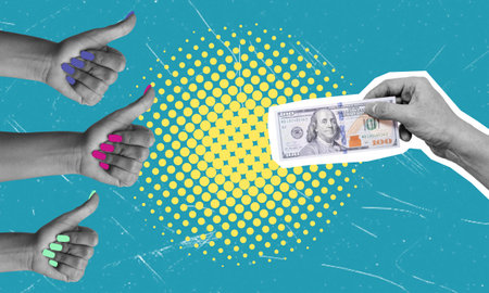 Contemporary art collage featuring money and thumbs up. Concept of finance, business and investment.の写真素材