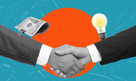 Art collage, handshake between businessmen, wit and money. The concept of contracting.