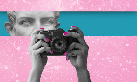 Modern art collage with the head of the antique statue in surrealistic style and hands holding a camera. Modern conceptual art posterの写真素材