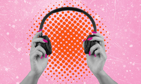 Art collage of modern digital pop art. Headphones in hand on a pink background. Listen to the podcast. podcast and music. Sound therapy, webinar, worship.の写真素材