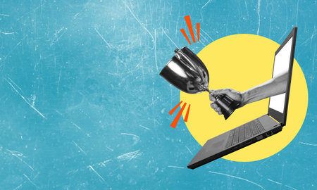Art collage, modern art collage featuring monitor and hands with award on blue background with copy space. Concept of reward for good work.の写真素材