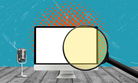 Art collage, monitor and magnifying glass, workstation. The concept of working at a computer.の写真素材