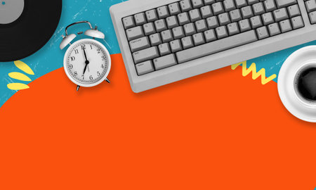 Wireless keyboard, cup of coffee, alarm clock. Designer's workplace. Modern art collage, art collage.の写真素材