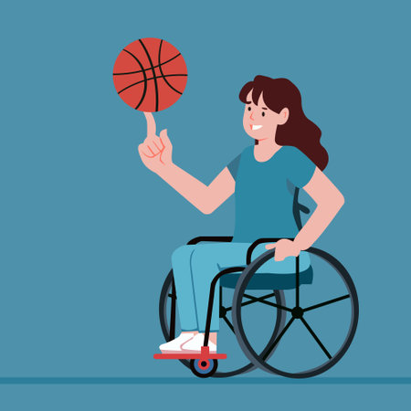 A girl in a wheelchair plays basketball. Disabled person spins a basketball on his finger. Concept. Exercise for people with disabilities. Flat vector illustration.のイラスト素材