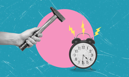 Art collage, hand with hammer wants to hit the ringing alarm clock. The concept of waking up and not standing with the nerves.の写真素材