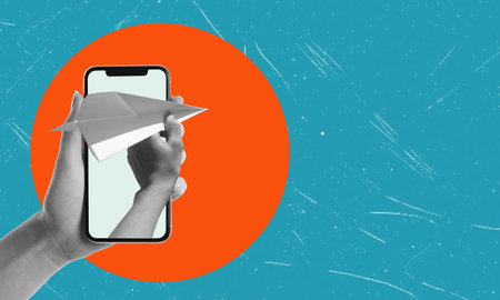 Art collage, an airplane made out of a phone. Contemporary art collage with copy space. The concept of a message on the phone.の写真素材