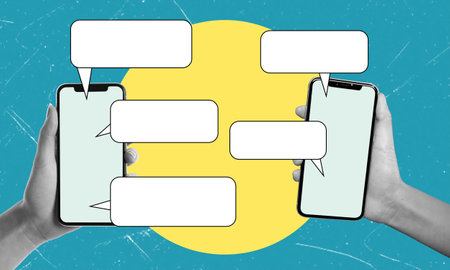 A collage depicting two human hands showing two gadgets connected to messages, on a blue background. The concept of communicating on the phone.の写真素材