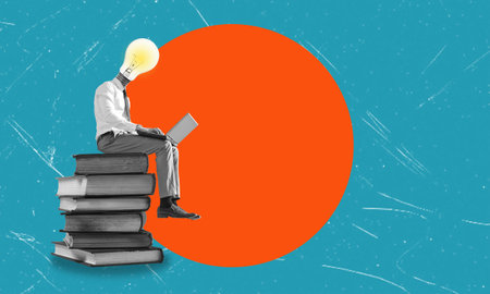 A man with a laptop sits on a stack of books. Artistic and modern art collage. A light bulb instead of a head.の写真素材