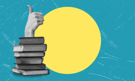 Contemporary art collage human hands showing thumbs up from stacks of books with copy space. The concept of education and good literature.の写真素材