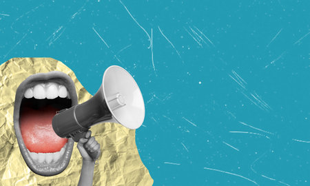 Human hand with megaphone and female open mouth on blue background. Modern design, modern art collage. Inspiration, idea, trendy urban magazine style. Negative space for advertising.の写真素材