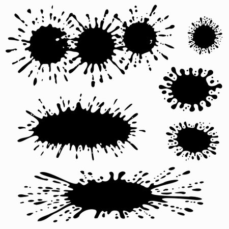 Accidental blot, ink blot. A set of blots of different sizes. Ink blot, irregularly shaped speck. Basic, simple rounded, smooth shapeのイラスト素材