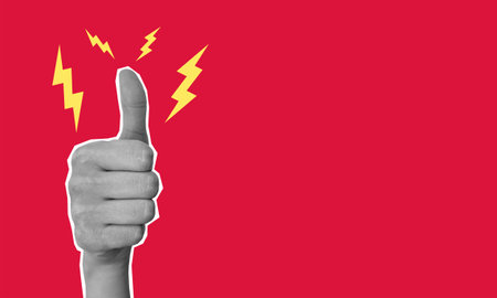 Female hand showing thumbs up gesture, on red background, art collage. Positive hand sign. Thumbs up fashion collage in magazine style. Modern art. Modern design.の写真素材