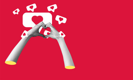 Social Media Icons. Modern art collage of hands making a heart shape on red background. Concept of social media addiction, popularity, influence, modern lifestyle and advertisingの写真素材