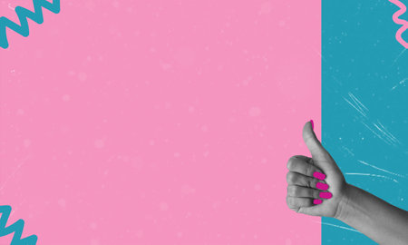 Female hand showing thumbs up gesture on pink background, art collage. Positive hand sign. Fashion collage in the style of Thumbs up magazine. Contemporary art. Modern design.の写真素材