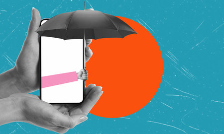 Protection in the digital age: Smartphone with an umbrella on a bright background. Concept of modern art, art collage.の写真素材