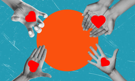 Modern Art Collage, Symbols of Love and Unity Hands with Red Hearts on Color Background. The concept of love and romance.の写真素材