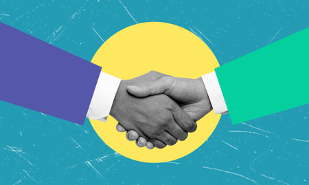 A handshake of businessmen. Modern design with a positive context. Concept of help, support, and agreement between businessmen. Modern art collageの写真素材