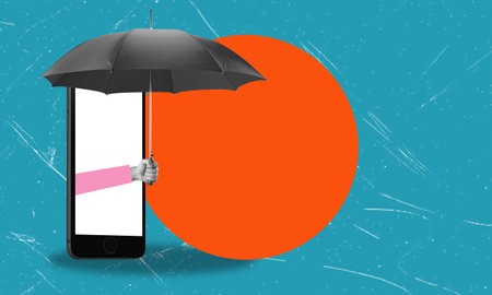 Digital Defense Smartphone with an umbrella against a bright orange circle. Modern art concept, art collage.の写真素材