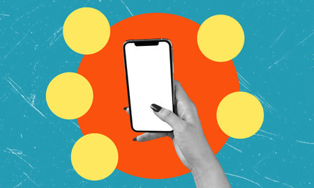 art collage style. Concept frame of blank smartphone. Young woman holding a smartphone in the palm of his handの写真素材