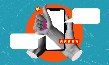 Cell phone with screen and hand showing thumbs up gesture on blue background. Message bubble. Fashion collage in magazine style. Modern art. Modern designの写真素材
