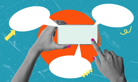 Cell phone with white screen with text message caption in female hand on blue background. Blank space for copying. Fashion collage in magazine style. Contemporary art. Modern designの写真素材