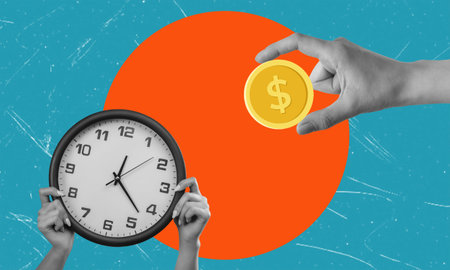 Contemporary art collage showing hands with watch and money. The concept of time and money.