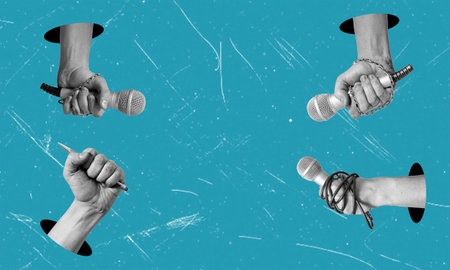 Collage art, many hands with microphones on blue background. Yellow press from daily news.の写真素材