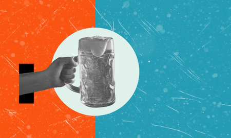 Contemporary art collage featuring a hand with a mug of beer. Party and entertainment concept.
