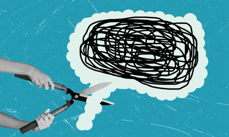 Art collage, modern art collage featuring a hand with scissors cutting off bad thoughts. The concept...