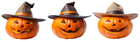 Set of Pumpkins with a hat for the Halloween holiday on a white background. Holiday and party...