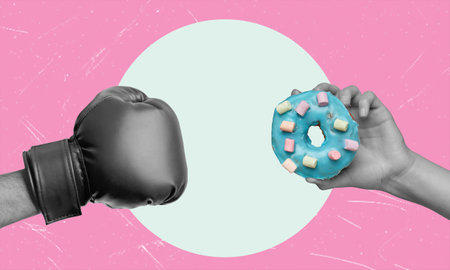 Human hand holding glazed donut, baking. Hand wearing a boxing glove, metaphor for giving up sweets. Contemporary art collage, modern design. Surrealistic conceptual poster.の写真素材