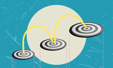 An illustration with three black and white targets, all hit in the center by arcing yellow arrows....
