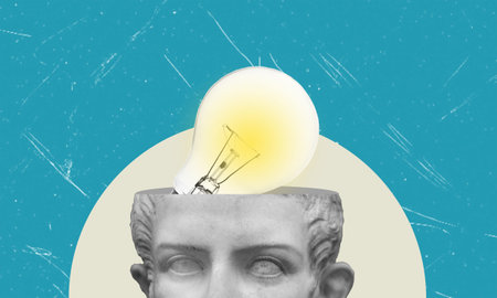 Artistic collage. Solving business issues. A light bulb from the head The concept of modern art...
