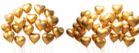 I am flying golden heart-shaped air balloons. Isolated on a white background. Holiday and party concept.の写真素材
