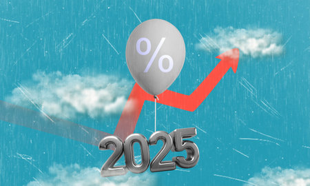 Art collage, inflation in 2025. Graph of inflation upwards into the sky. Finance and business concept, high inflation going skyward, high interest rates.の写真素材