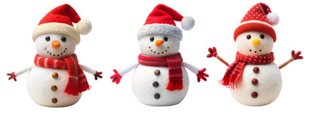 A set of miniature snowmen figures on a white background. Holiday and party concept.の写真素材