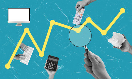 Collage picture picture poster human hand looking magnifying glass analyzing statistics finance...
