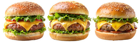 Set of different delicious burgers on white background. Banner design. The concept of fatty and not healthy food.の写真素材