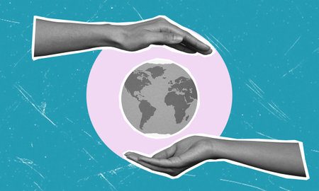 Contemporary art collage art collage of two hands caring for the earth planet globe symbolizes peace Day. The concept of the world of caring for the earth.の写真素材