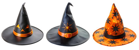 Halloween witch's black and orange wizard hat set of three isolated on a white background. holiday...