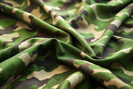 Textured camouflage fabric background, in shades of green. The concept of defense and offense.